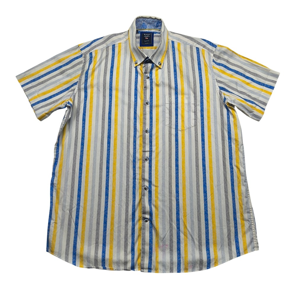 Armas Royal Club Mens XL Short Sleeve Button Down Shirt Yellow Blue Striped